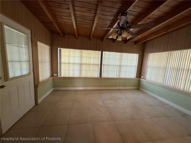 unfurnished sunroom featuring beam ceiling, ceiling fan, and wooden ceiling