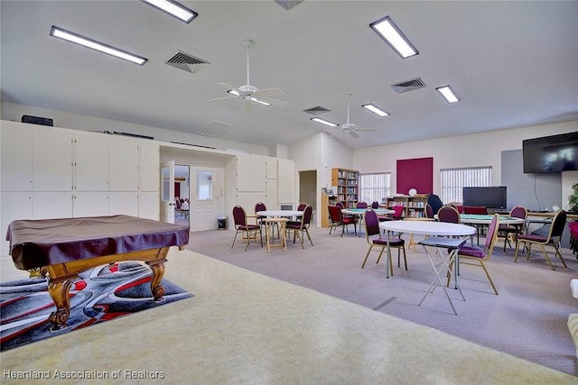 rec room with light colored carpet, vaulted ceiling, ceiling fan, and pool table