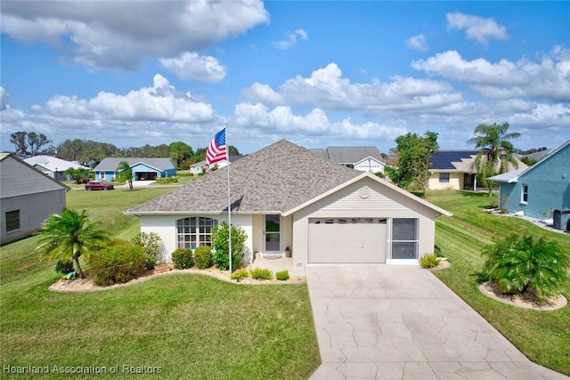 single story home with a garage and a front yard