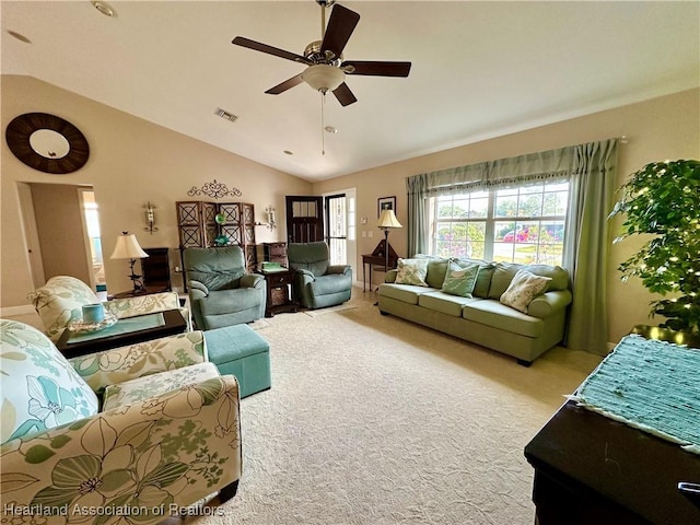 241 Sheppard Rd NW, Lake Placid, FL 33852 - carpeted living area with visible vents, lofted ceiling, and ceiling fan
