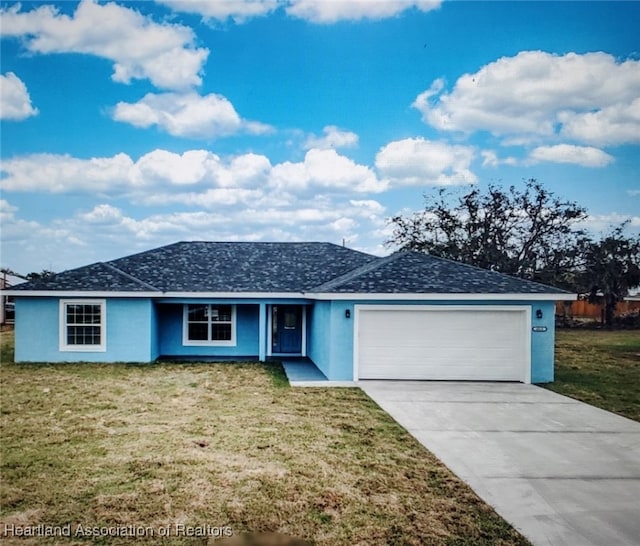 single story home with a garage, a shingled roof, concrete driveway, a front lawn, and stucco siding