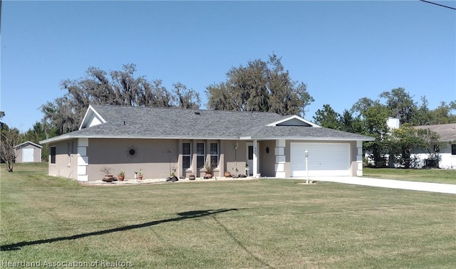 ranch-style home featuring a front lawn and a garage