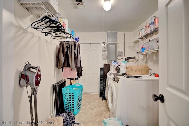 washroom featuring electric panel and washing machine and clothes dryer