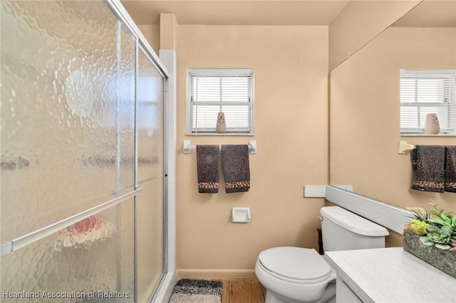 158 Parkview Cir, Lake Placid, FL 33852 - bathroom featuring a stall shower, baseboards, vanity, toilet, and wood finished floors