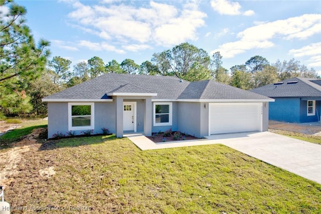 single story home featuring a front yard and a garage