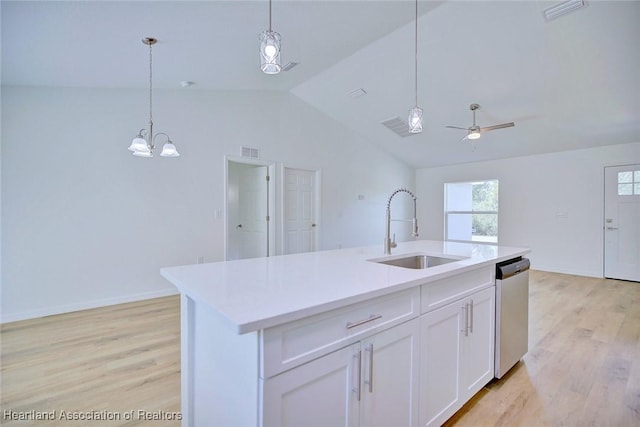 kitchen with dishwasher, a center island with sink, white cabinets, sink, and hanging light fixtures