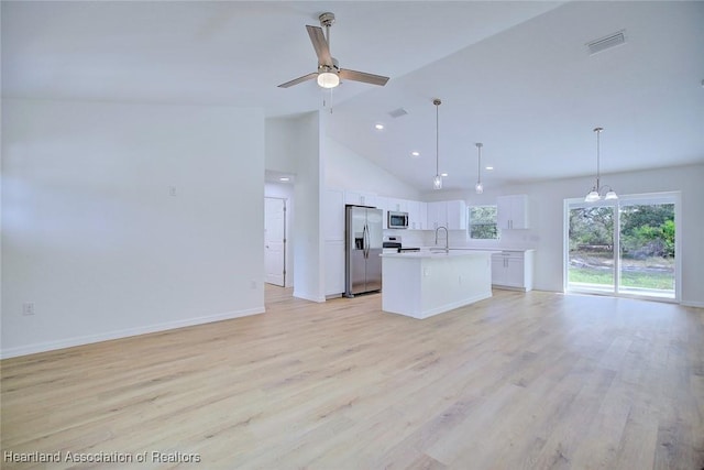 kitchen featuring sink, pendant lighting, a center island with sink, white cabinets, and appliances with stainless steel finishes