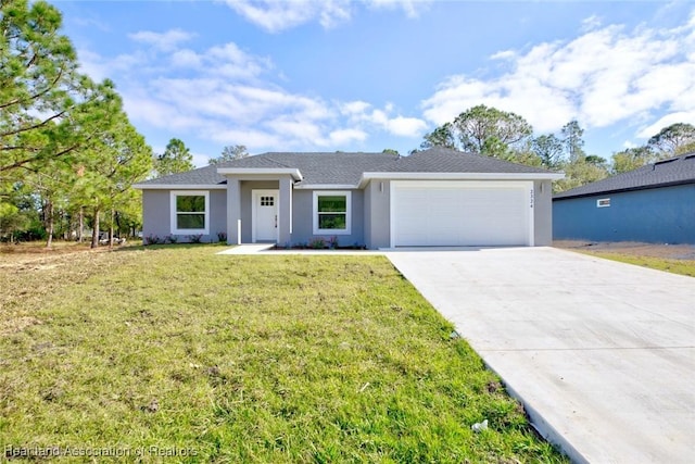 ranch-style home with a front yard and a garage