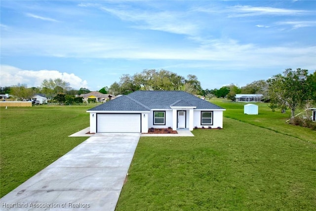 view of front of home featuring a garage, a front yard, concrete driveway, and stucco siding