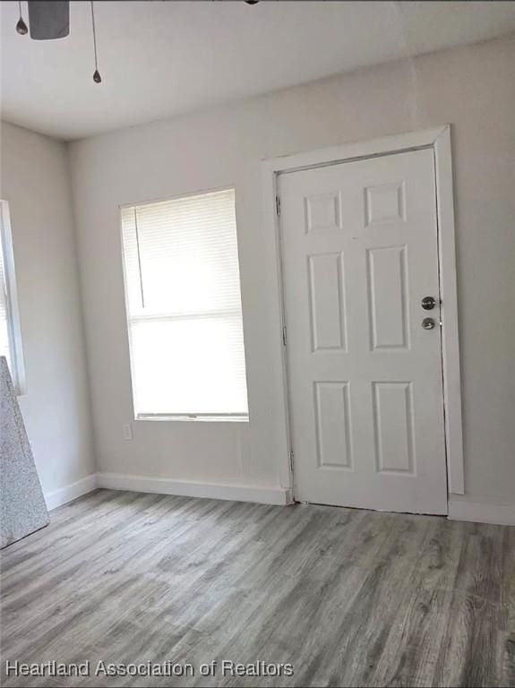 entryway featuring hardwood / wood-style flooring and ceiling fan