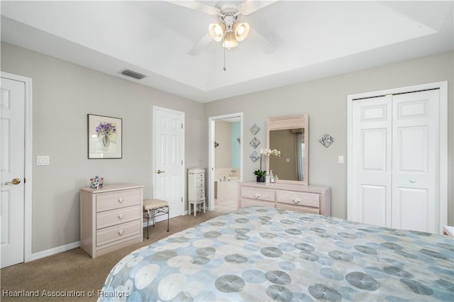 bedroom with light colored carpet and ceiling fan