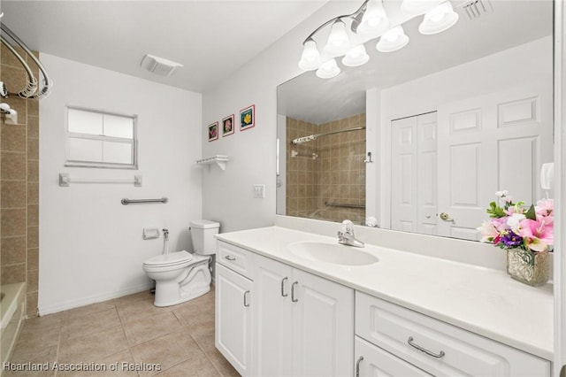 full bathroom with visible vents, tile patterned floors, vanity, toilet, and  shower combination