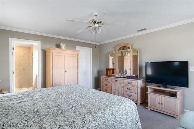 bedroom with connected bathroom, ornamental molding, light colored carpet, and ceiling fan