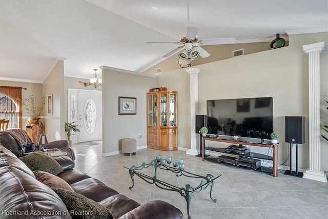 tiled living room with vaulted ceiling, ornamental molding, ceiling fan, and ornate columns