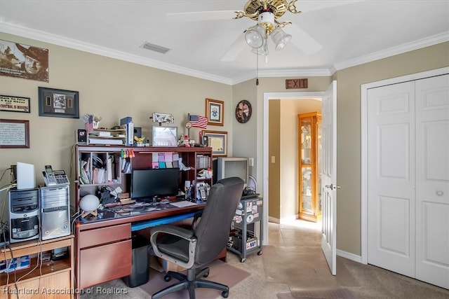 office featuring crown molding, light carpet, and ceiling fan