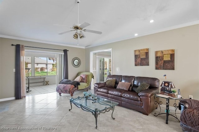 tiled living room with ornamental molding and ceiling fan