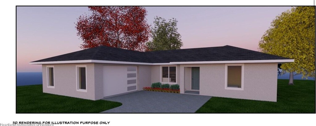 509 Concert Dr, Lake Placid, FL 33852 - view of front of house featuring stucco siding, an attached garage, concrete driveway, a yard, and roof with shingles