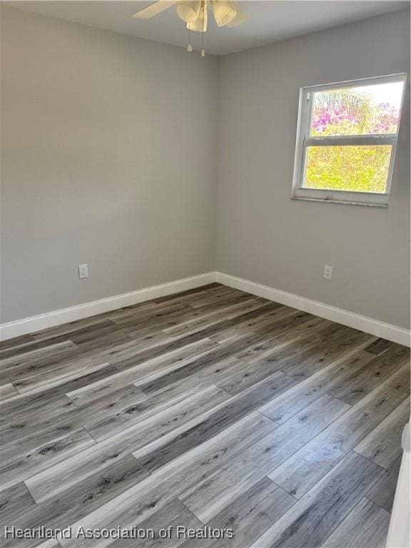 empty room with ceiling fan and wood-type flooring