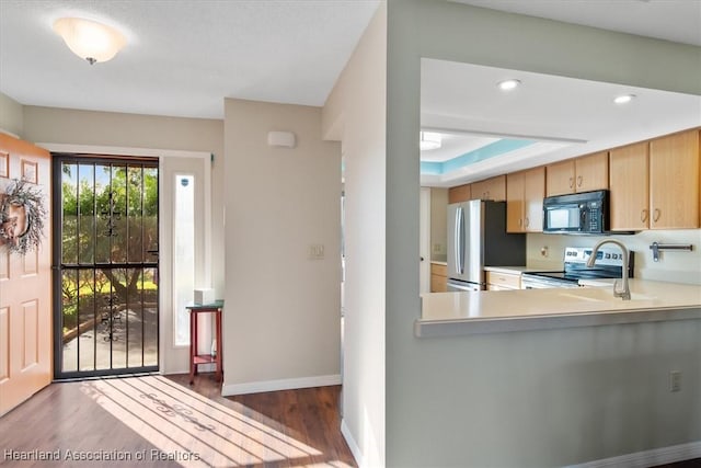 kitchen with baseboards, light countertops, recessed lighting, wood finished floors, and stainless steel appliances