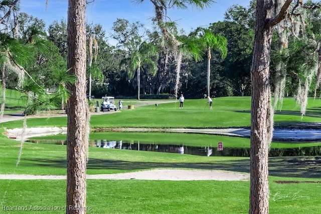 view of home's community featuring a lawn and a water view