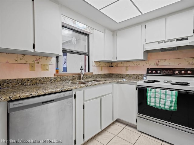 kitchen with electric range, dishwasher, white cabinets, and sink