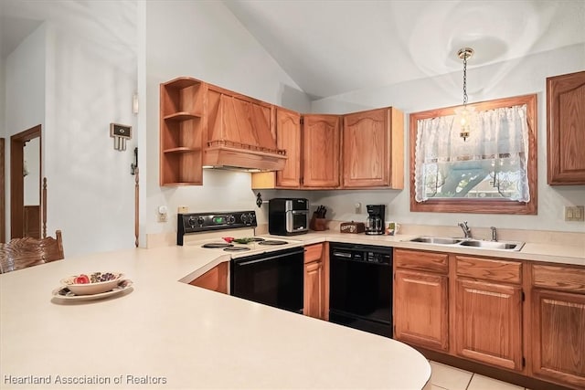 kitchen featuring dishwasher, lofted ceiling, sink, hanging light fixtures, and electric range