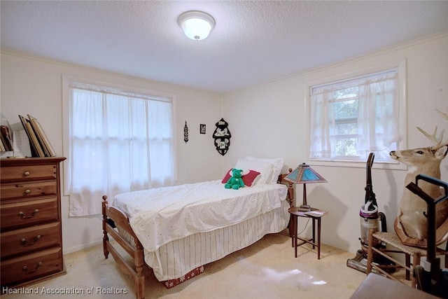 carpeted bedroom with a textured ceiling