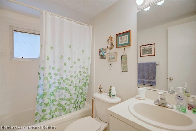 full bath with shower / bath combo, toilet, a textured ceiling, and vanity