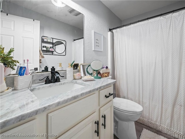 bathroom featuring toilet, vanity, and curtained shower