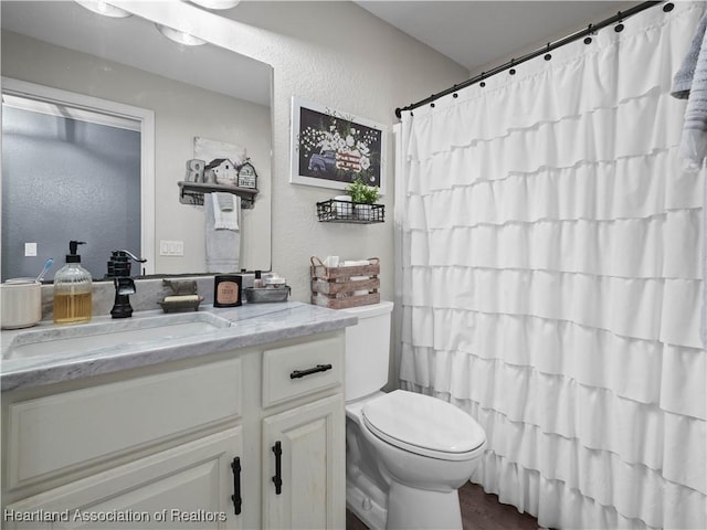 bathroom with toilet, vanity, and a shower with curtain