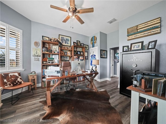 office area featuring ceiling fan and dark hardwood / wood-style floors