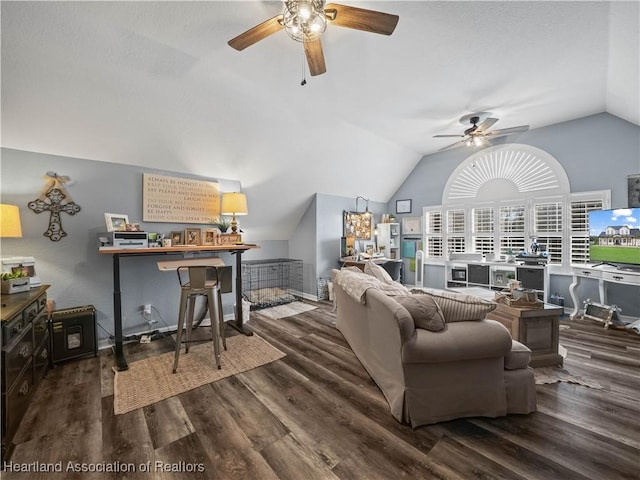 living room featuring vaulted ceiling, ceiling fan, and dark hardwood / wood-style flooring