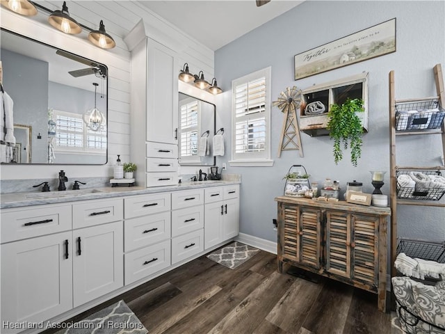 bathroom with vanity and hardwood / wood-style flooring