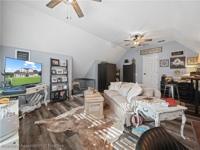 living room with lofted ceiling, ceiling fan, and dark hardwood / wood-style floors