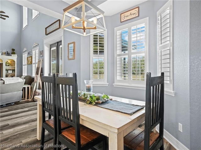 dining area with ceiling fan with notable chandelier, plenty of natural light, and hardwood / wood-style flooring