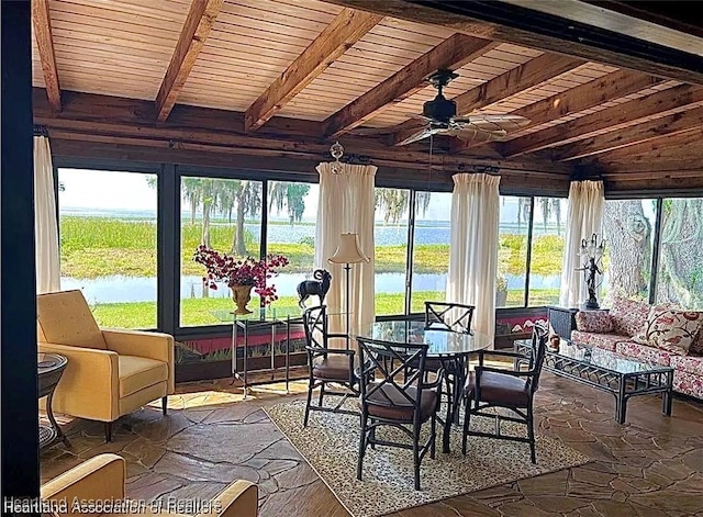 sunroom with ceiling fan, wooden ceiling, beam ceiling, and a water view