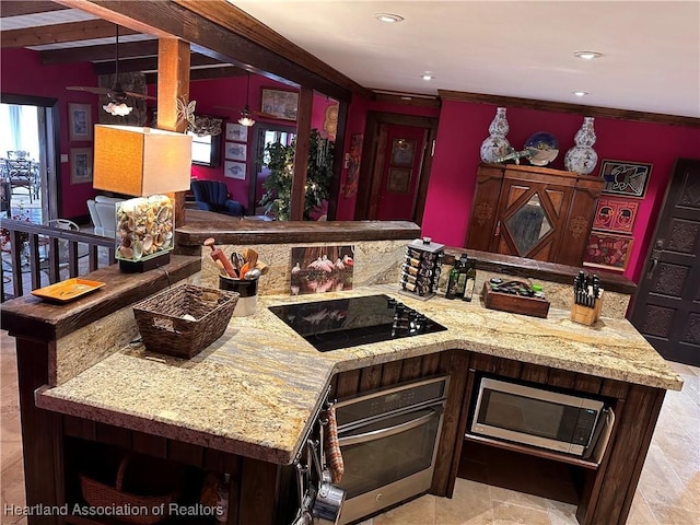 kitchen with pendant lighting, kitchen peninsula, appliances with stainless steel finishes, ornamental molding, and light stone counters