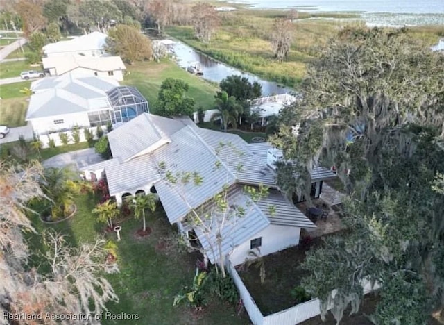 drone / aerial view featuring a water view