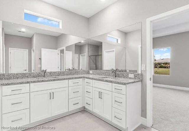 bathroom featuring vanity, a healthy amount of sunlight, and a shower with shower door