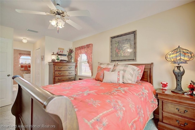 bedroom featuring carpet flooring, a closet, and ceiling fan