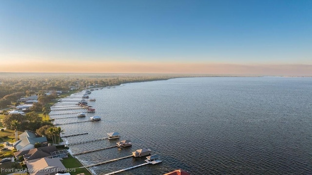 aerial view at dusk featuring a water view