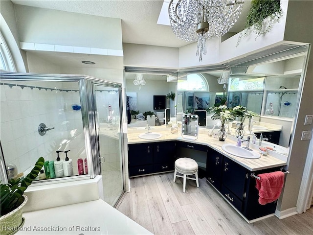 full bathroom featuring a shower stall, wood finished floors, and a sink