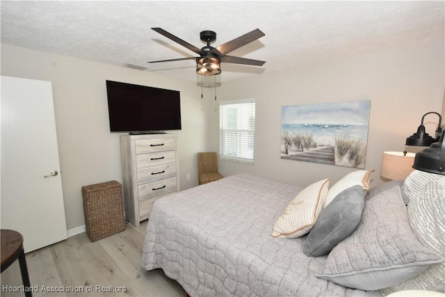 bedroom featuring visible vents, a textured ceiling, light wood-type flooring, and ceiling fan