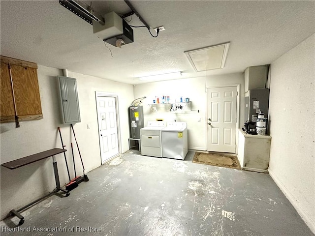 garage with heating unit, water heater, washing machine and dryer, electric panel, and a garage door opener