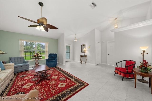 living room with visible vents, baseboards, lofted ceiling, light tile patterned flooring, and a ceiling fan