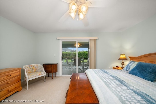 bedroom featuring ceiling fan, baseboards, light colored carpet, and access to exterior