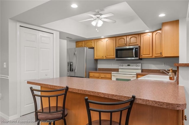 kitchen featuring a sink, stainless steel appliances, a peninsula, a breakfast bar area, and ceiling fan