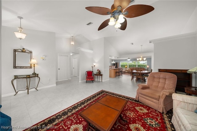 living room with visible vents, ceiling fan, baseboards, and lofted ceiling