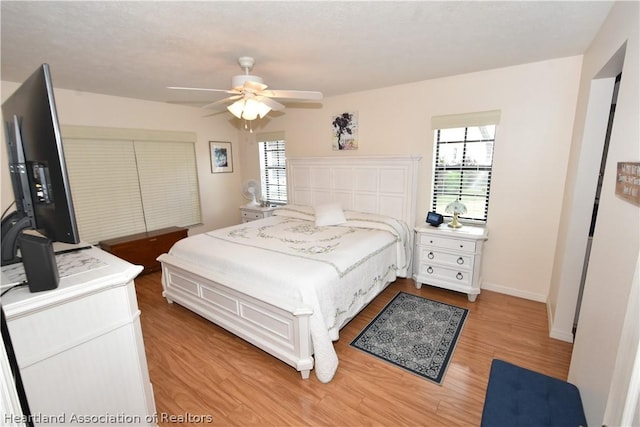 bedroom with ceiling fan and wood-type flooring