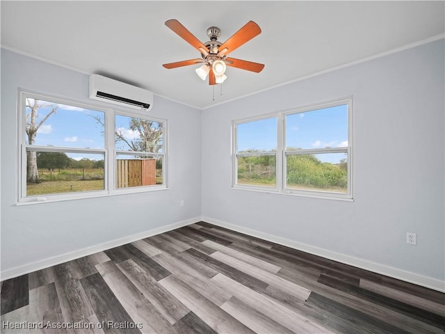 unfurnished room with dark wood-type flooring, a wall unit AC, and ceiling fan